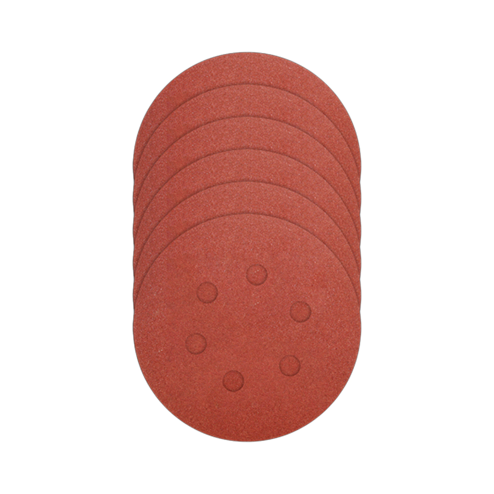 Juego de lijas de pared redondas de 5 pulgadas, color rojizo, con orificios centrales para sujeción, apiladas y visibles en vista frontal.