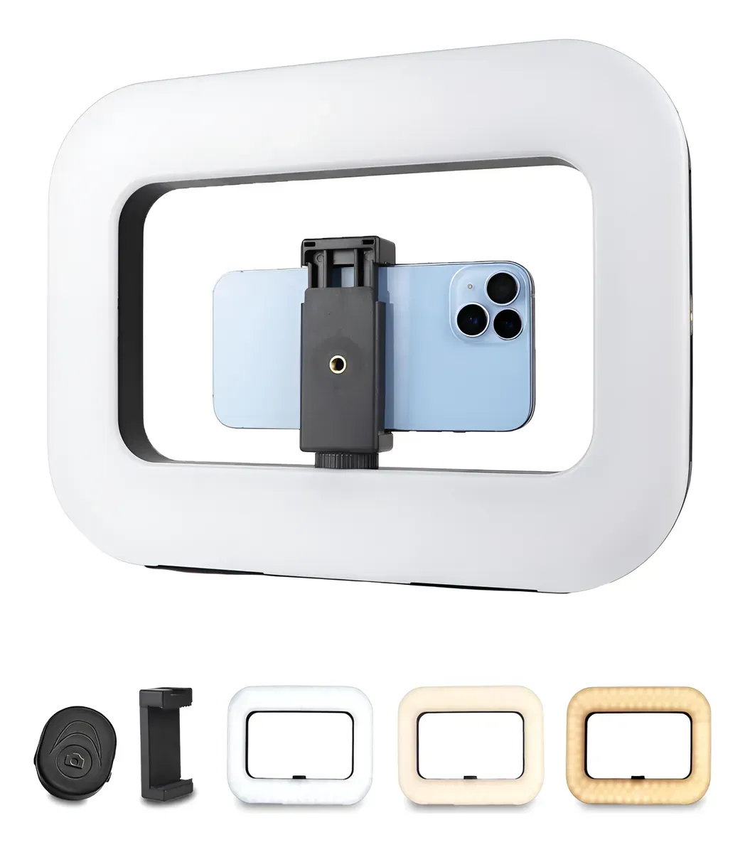 Aro de luz rectangular blanco con soporte para smartphone, mostrando variante en negro y tres colores adicionales: blanco, beige y madera.