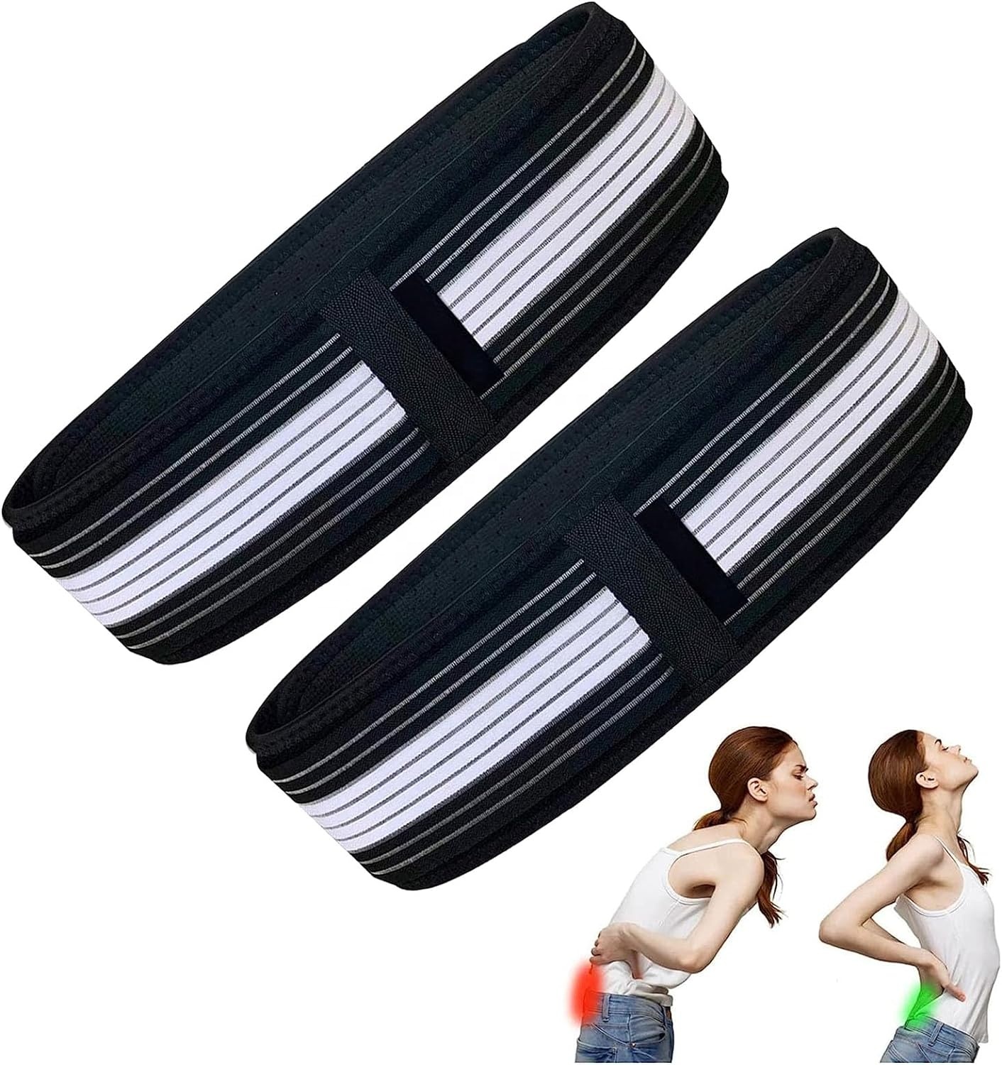 Dos cinturones de soporte lumbar negros con franjas blancas, mostrando dos modelos en uso para alivio de dolor de espalda.
