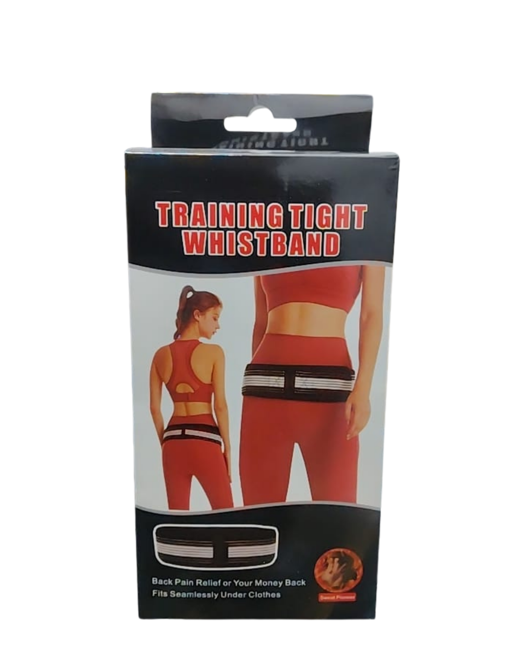 Cinturón soporte lumbar rojo con banda negra, mostrado en modelo deportivo de espalda y frente, con etiqueta de ajuste y relieve para alivio de dolor.