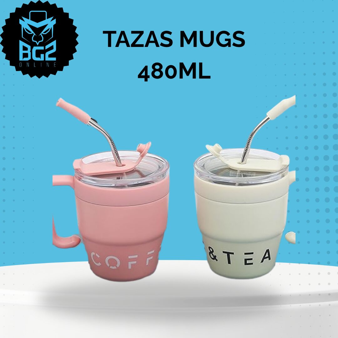 Dos tazas térmicas de acero inoxidable de 480 ml, una rosa con la palabra COFFEE y otra blanca con TEA, ambas con tapa antideslizante y pajita flexible.
