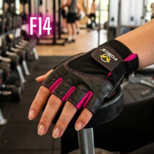 Guante de entrenamiento F14 para damas, color negro con detalles rosa, cierre de seguridad visible, textura de cuero sintético, uso en gimnasio.