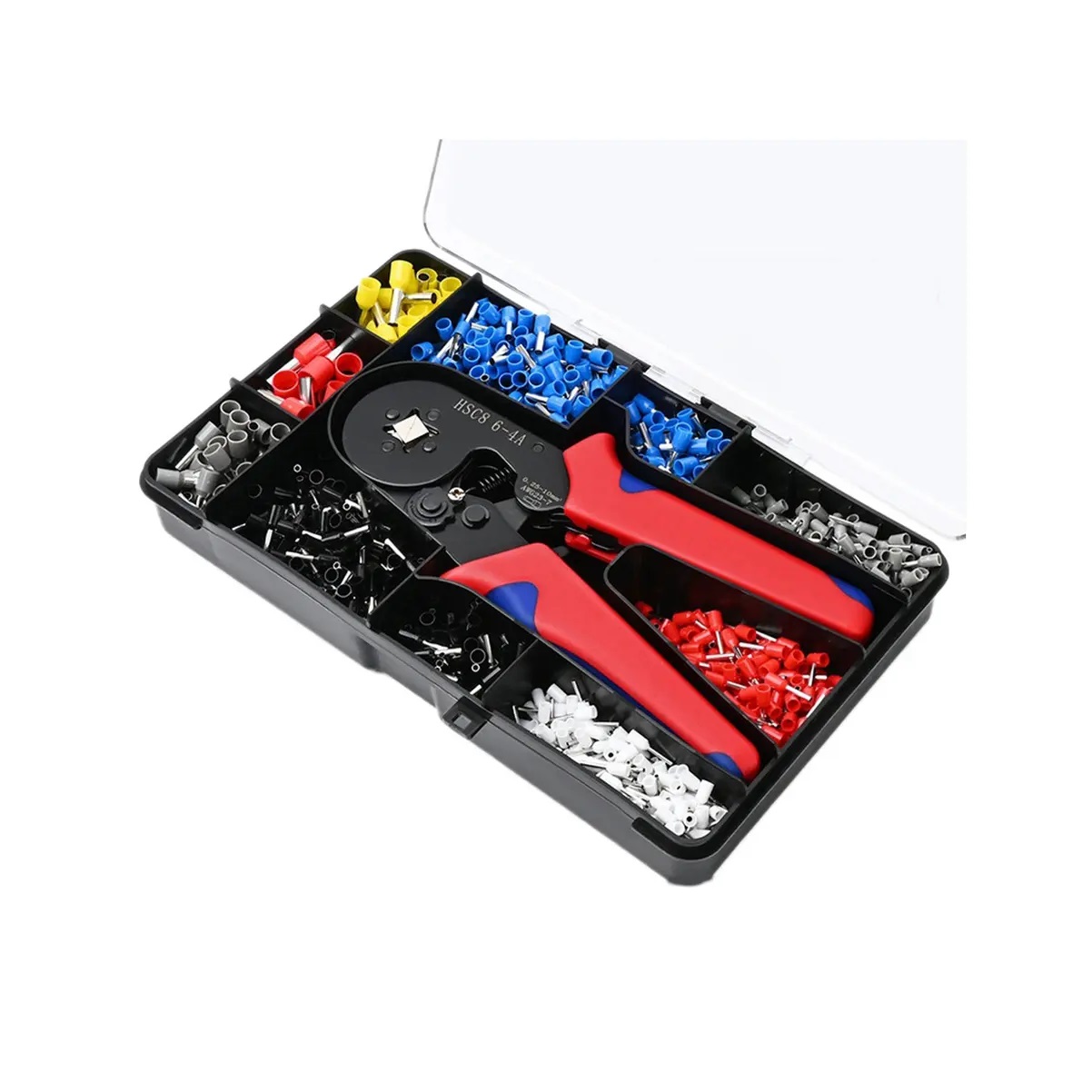 Pinza prensadora de terminales tubulares con trinquete, en caja negra abierta mostrando organizadores con conectores amarillos, rojos, azules, blancos y grises.