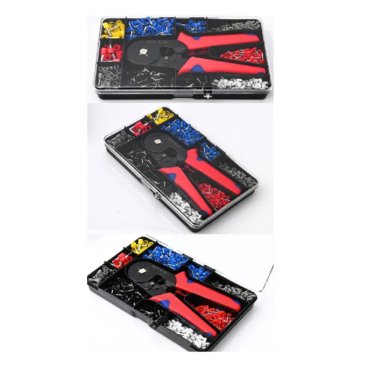 Pinza prensadora de terminales tubulares con trinquete, en caja metálica abierta mostrando herramientas y accesorios organizados por color.