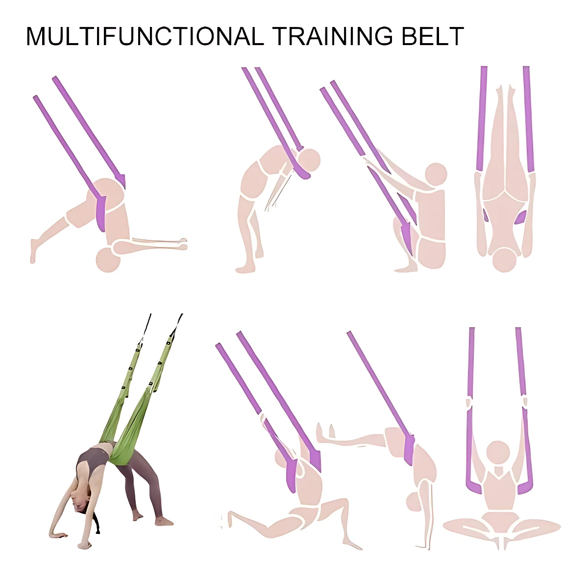 Infografía con seis ilustraciones en tonos pastel que muestran posiciones de yoga y entrenamiento con bandas elásticas de colores morado y verde, usadas para ejercicios de fuerza y flexibilidad.