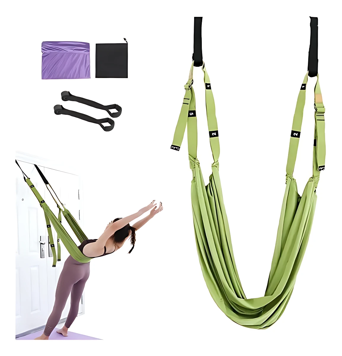Sistema de suspensión verde lima con correas y asas negras, mostrando variante de color y accesorios incluidos en la presentación.