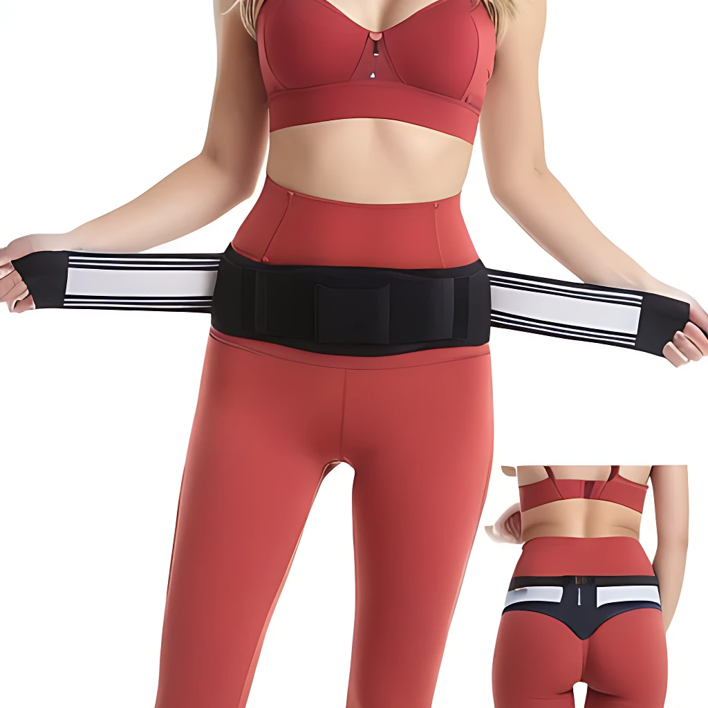 Cinturón lumbar ajustable negro con tiras blancas, mostrado en modelo usando ropa deportiva roja; incluye vista frontal y trasera para destacar su diseño ergonómico y uso en ejercicio.