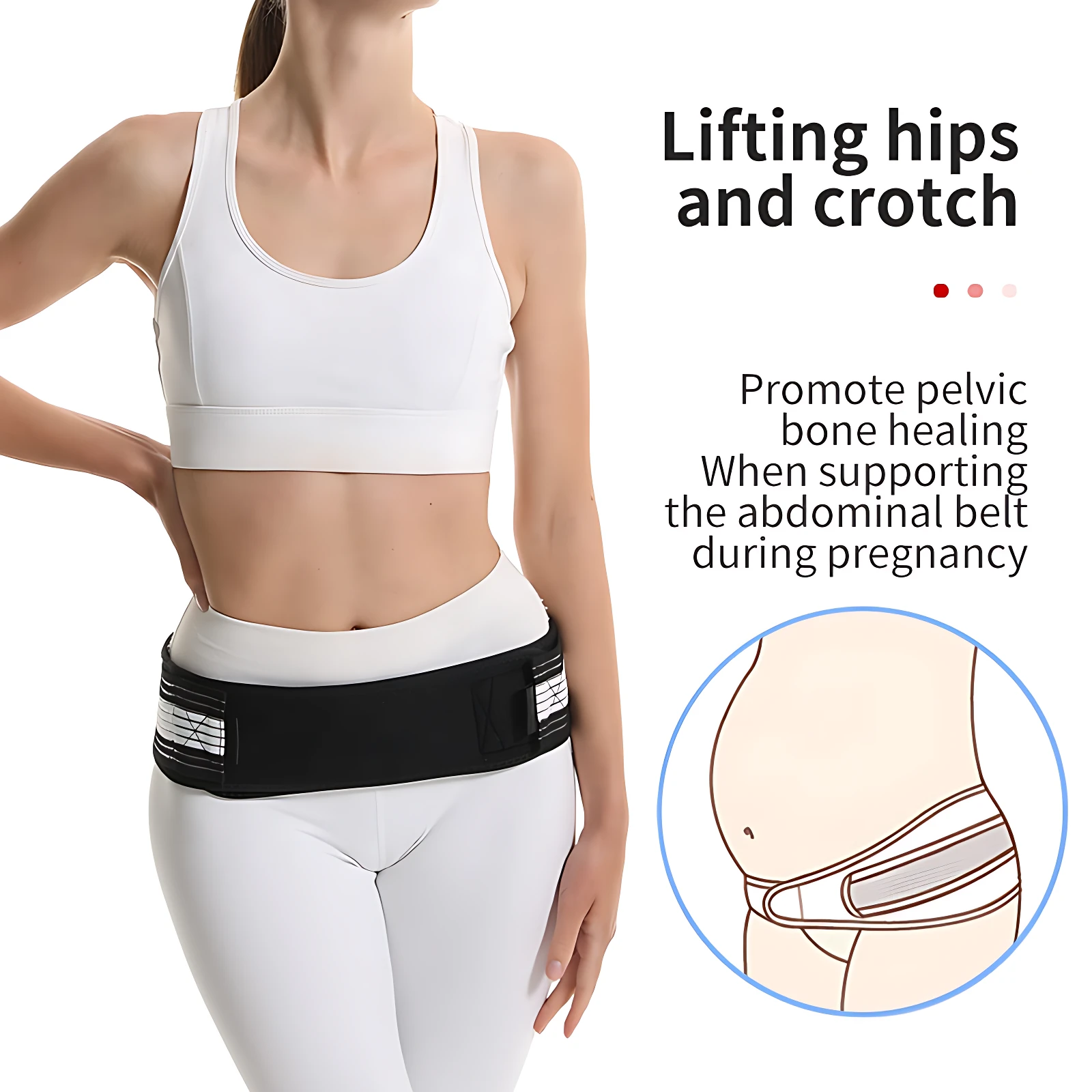 Cinturón de soporte lumbar negro con banda elástica ajustable, usado por mujer en ropa deportiva blanca; incluye de uso durante embarazo.