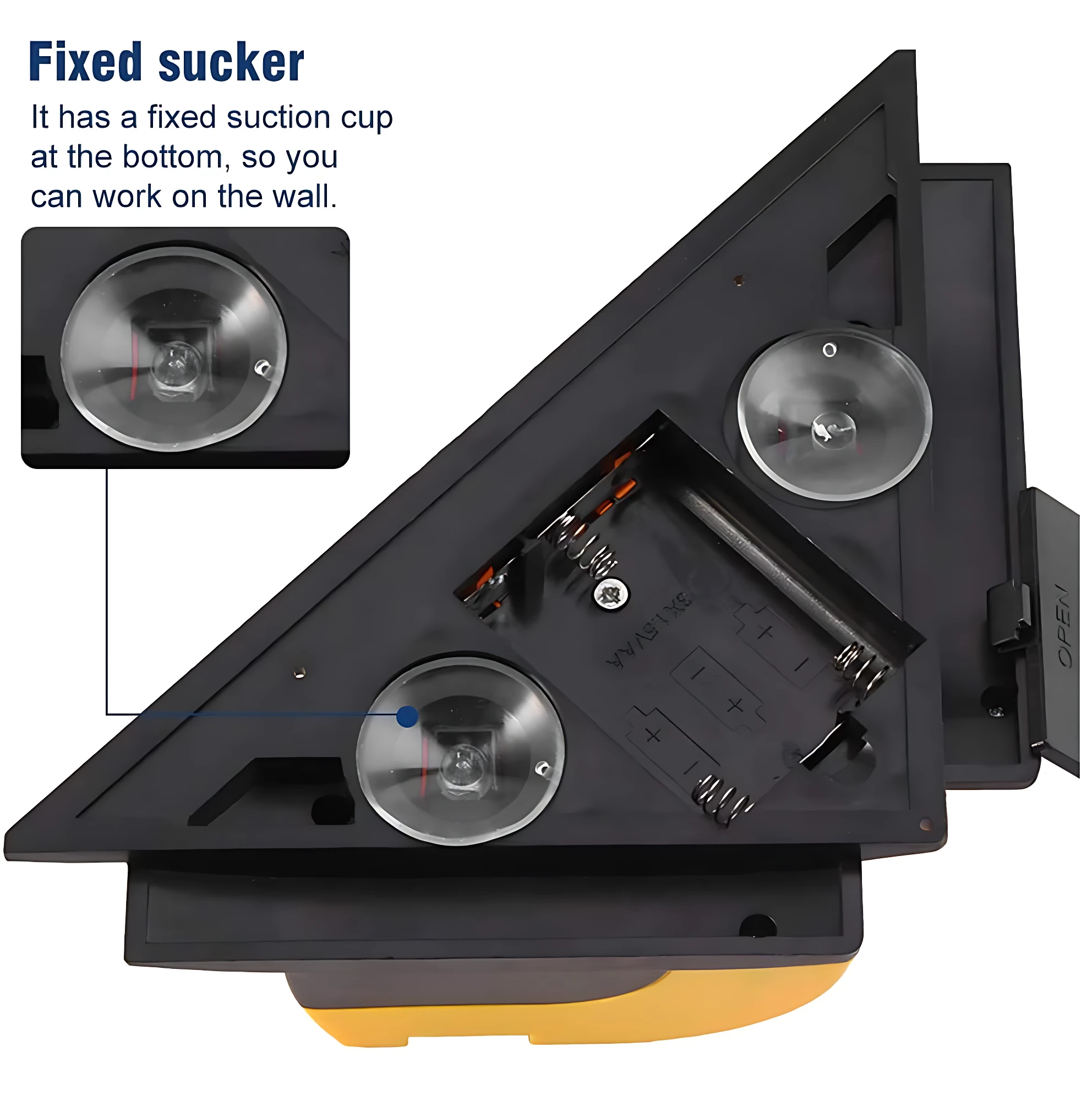 Marcador nivel láser ángulo recto 90 G con autonivelación, en color negro, mostrando su base triangular con tres ventosas fijas para adherencia en superficies verticales.