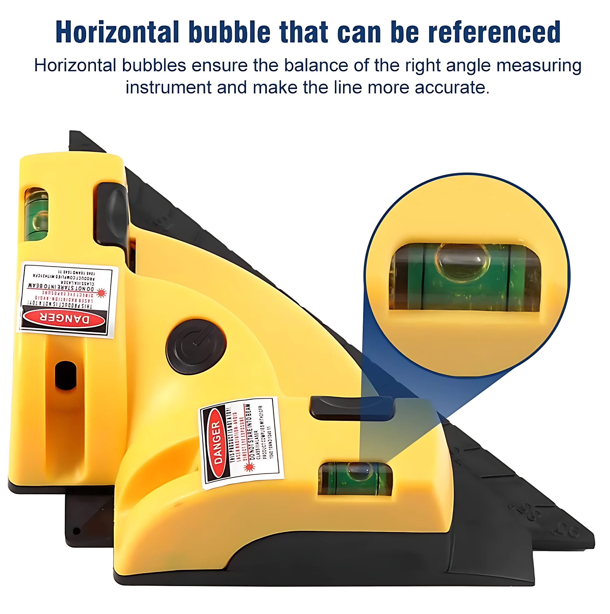 Marcador nivel láser ángulo recto 90 G en amarillo con burbuja de nivel horizontal visible, diseñado para alineación precisa de paredes y techos.