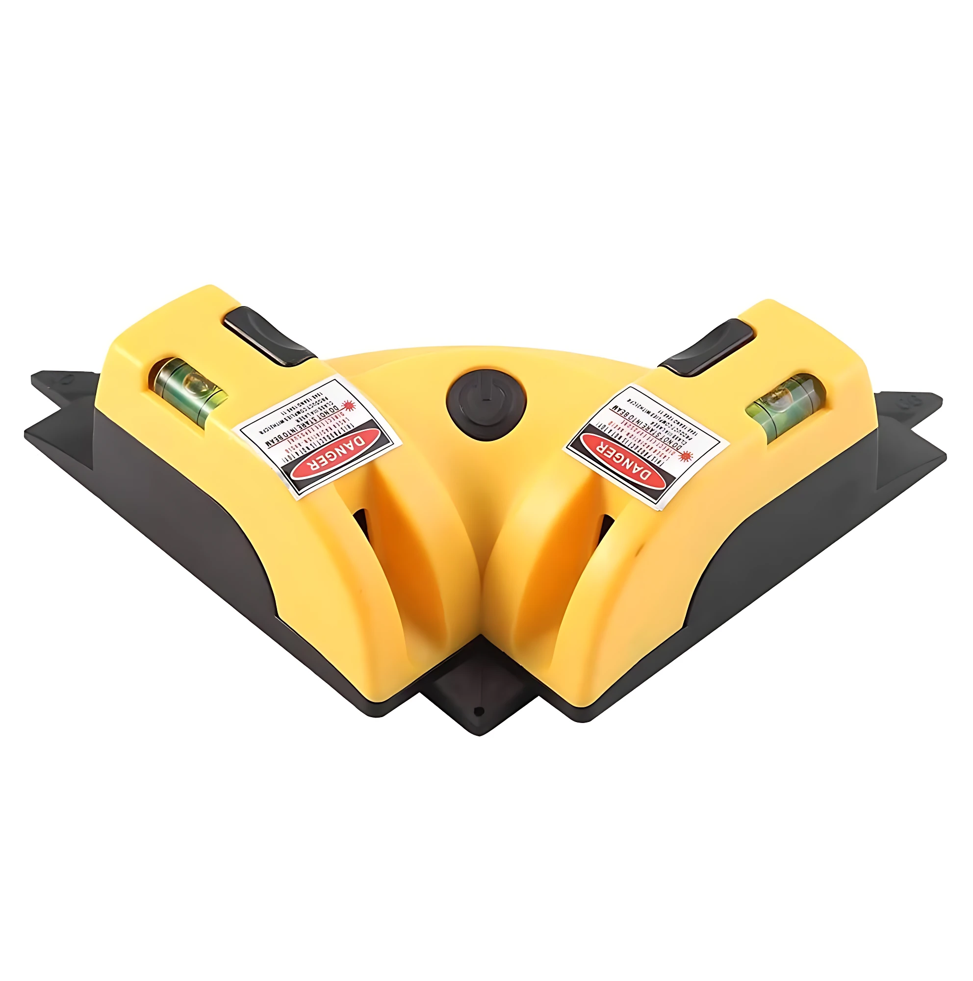 Marcador nivel láser ángulo recto 90 G en color amarillo con base negra, autonivelación y burbujas de nivel visibles en ambos lados.